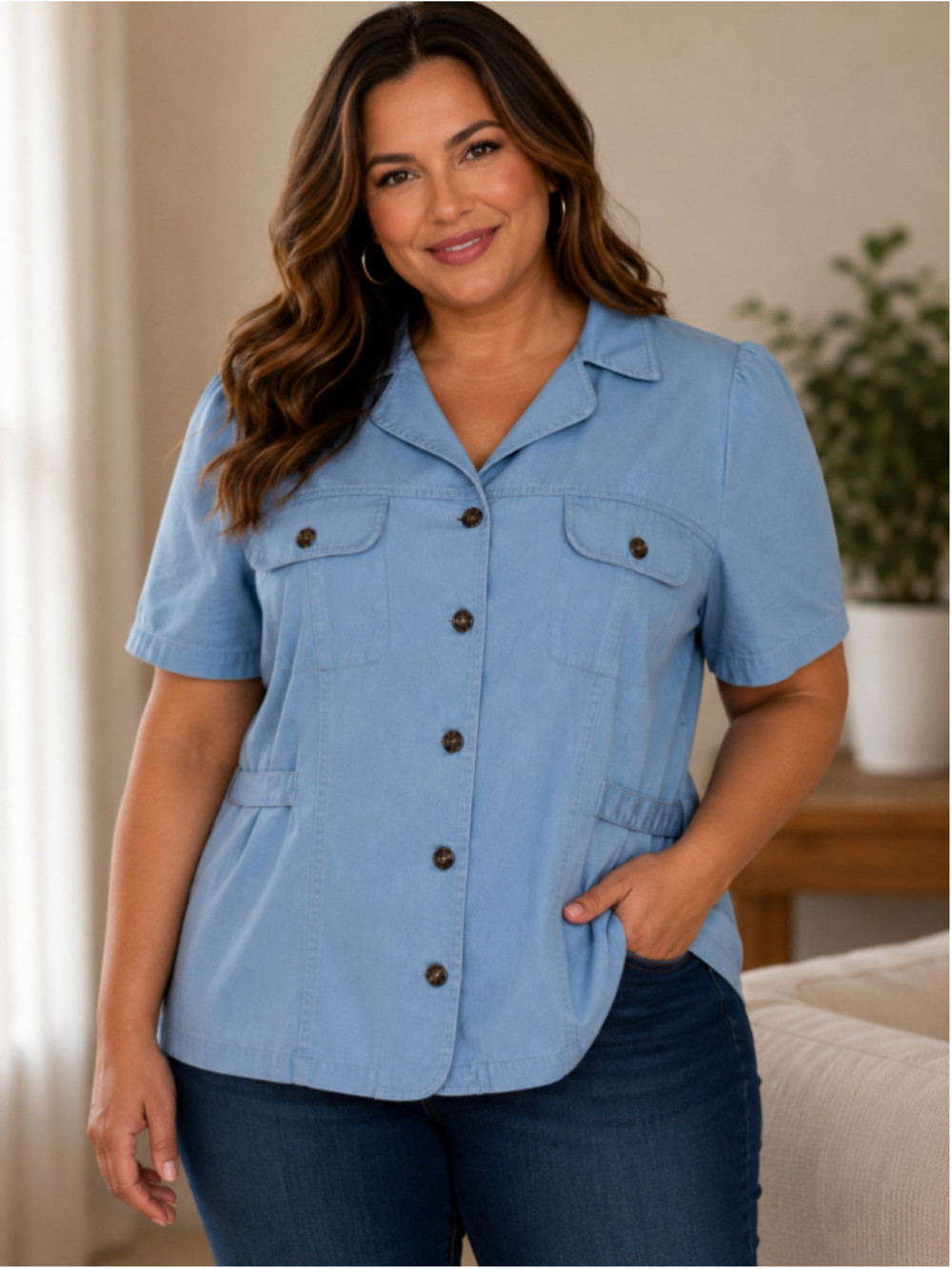 Women's Mosaic Blue Button Down Shirt Size 14